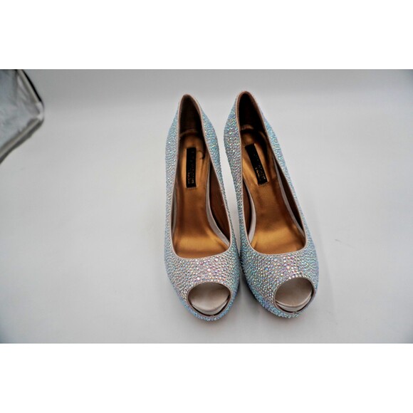 Benjamin Adams London Miami Silver Jewel Encrusted Peep Toe Platform Pumps S 6.5 - Picture 2 of 13